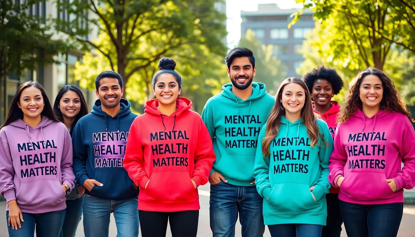 diverse group in 'Mental Health Matters' hoodies advocating for mental health awareness.