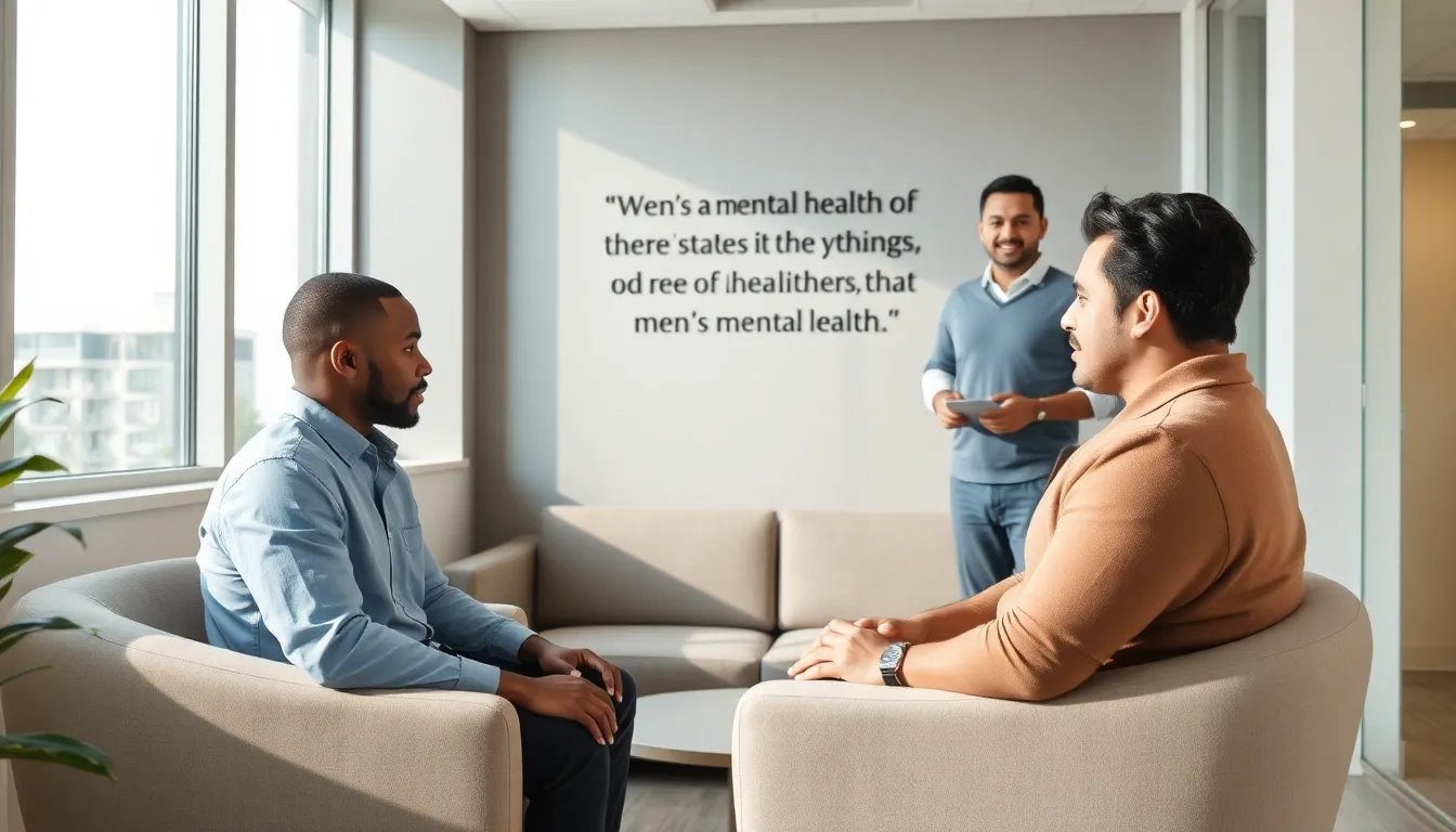 men discussing mental health in a supportive, modern environment.