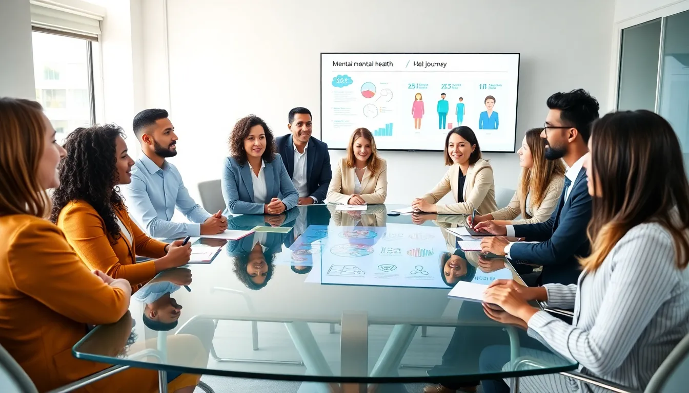 diverse team discussing mental health in a modern office.