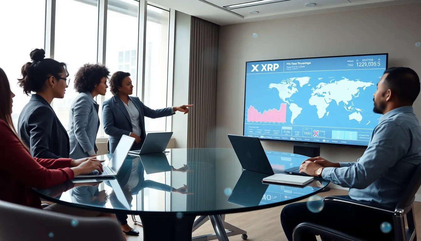 diverse team discussing cryptocurrency and XRP in a modern office.
