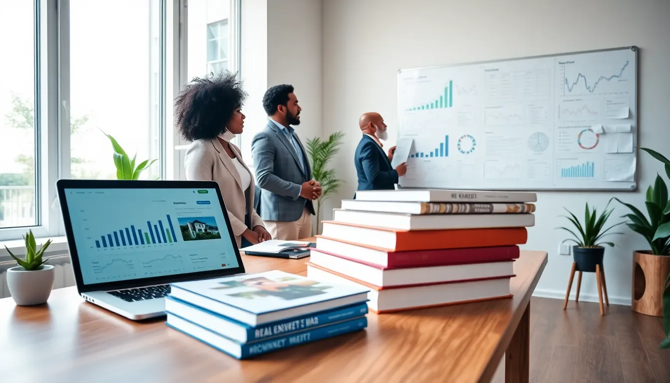 workspace with books on real estate investing and professionals collaborating.