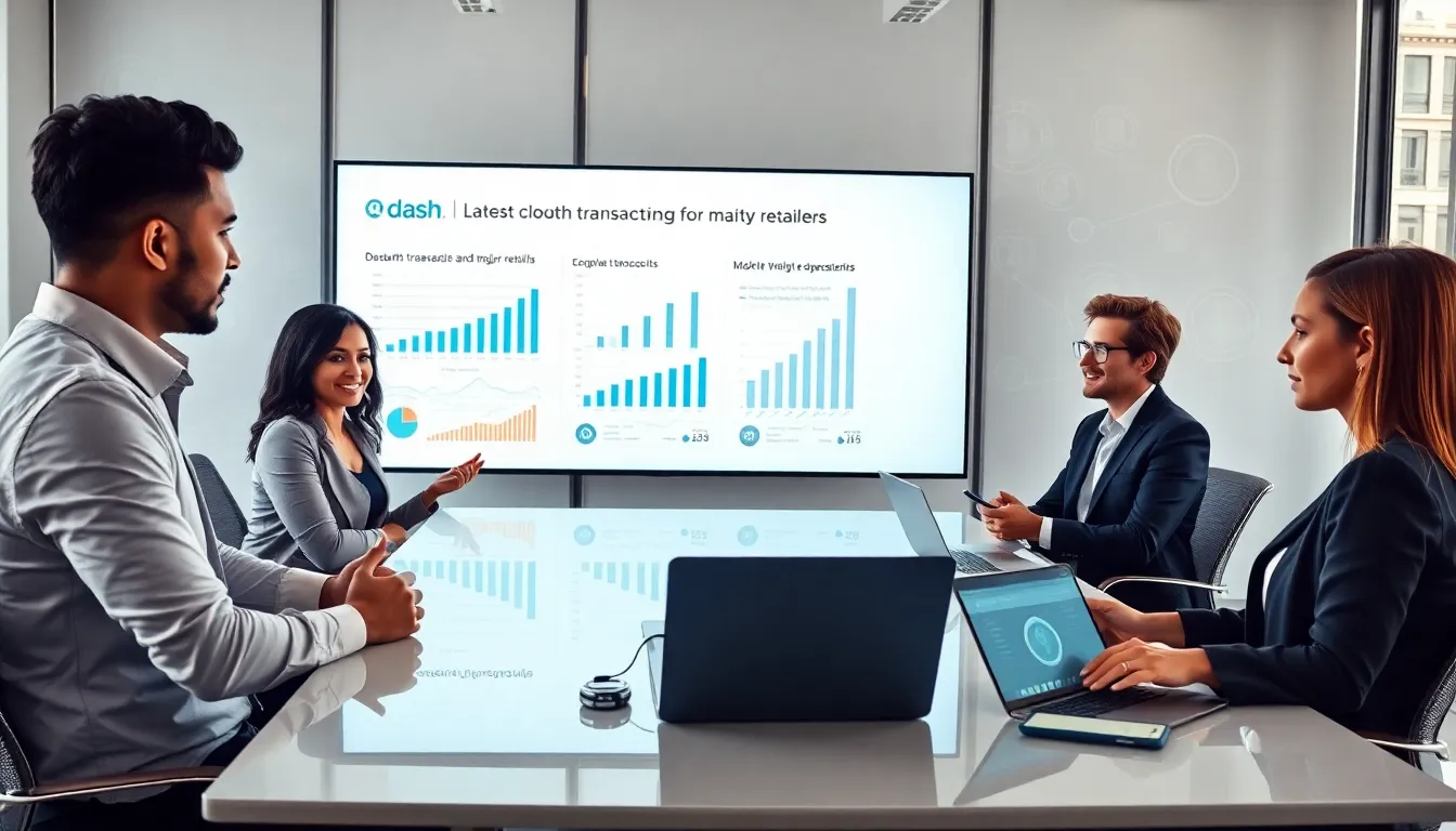 diverse team discussing Dash cryptocurrency updates in a modern office.