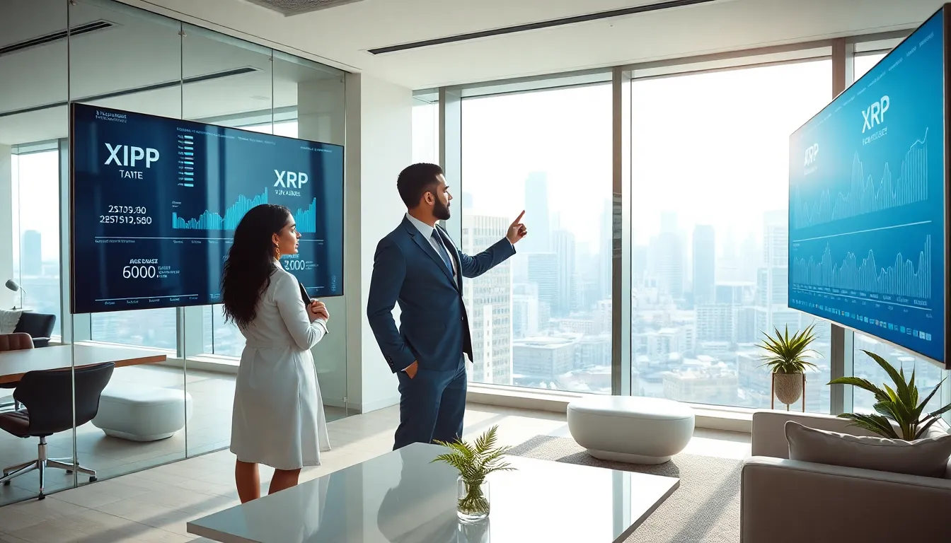 diverse team analyzing XRP cryptocurrency trends in a modern office.