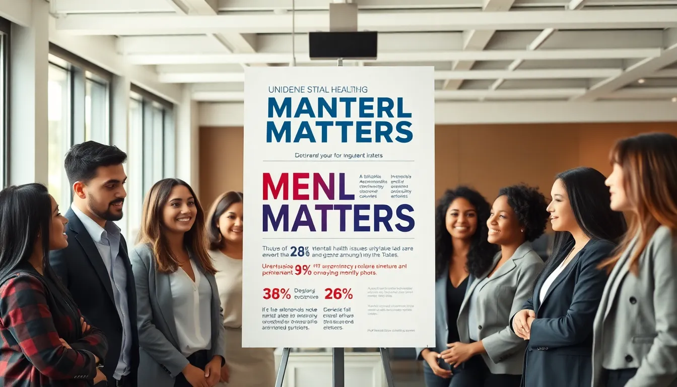 a diverse team discussing a 'Mental Health Matters' poster in an office.