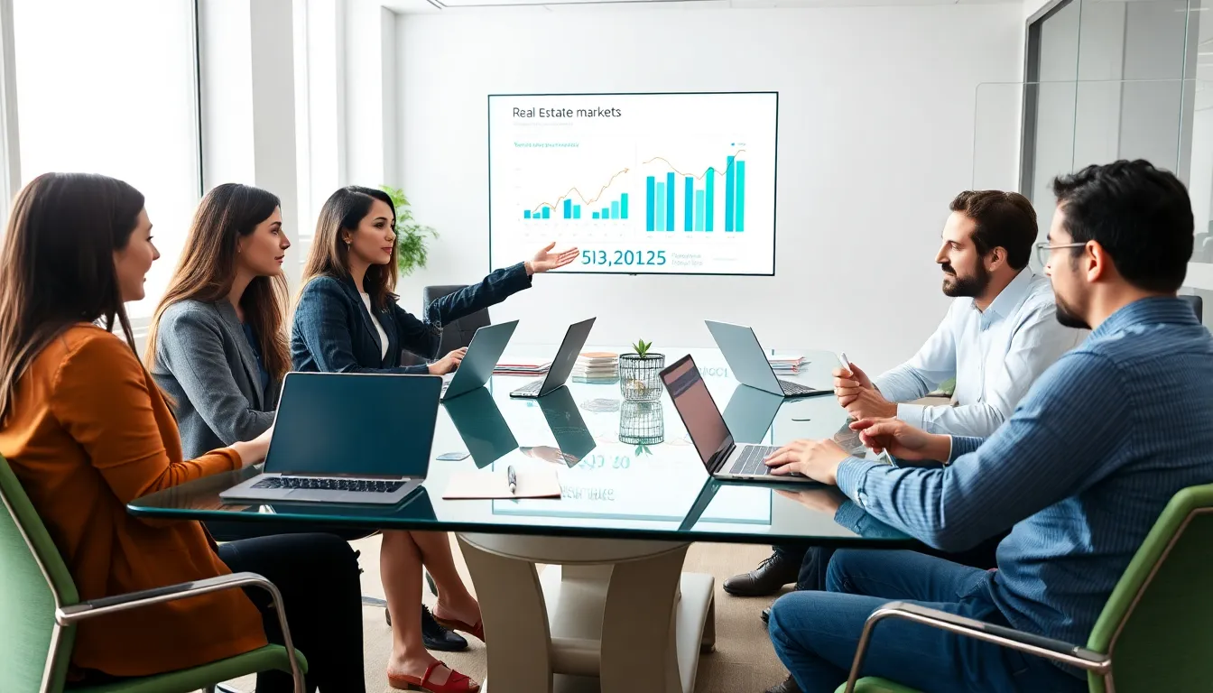 diverse real estate investors collaborating in a modern office.